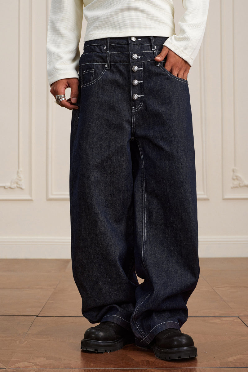 YADcrew Cross button Waxed Denim Pants Peace, lace, and street 