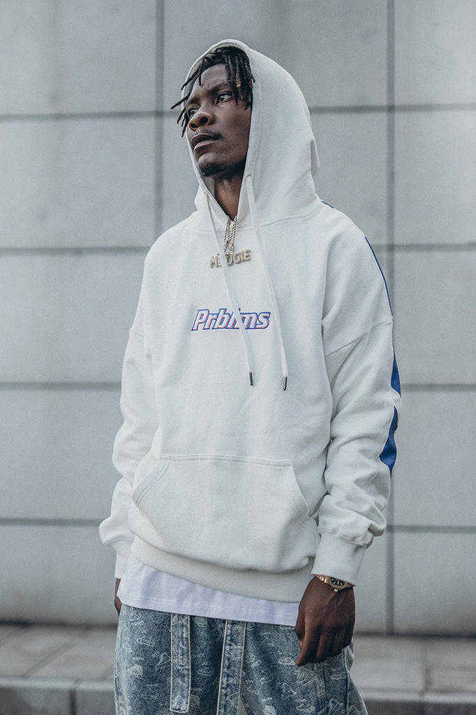 PRBLMS RETRO LOGO PRINT WHITE HOODIE - Baroque Galleria