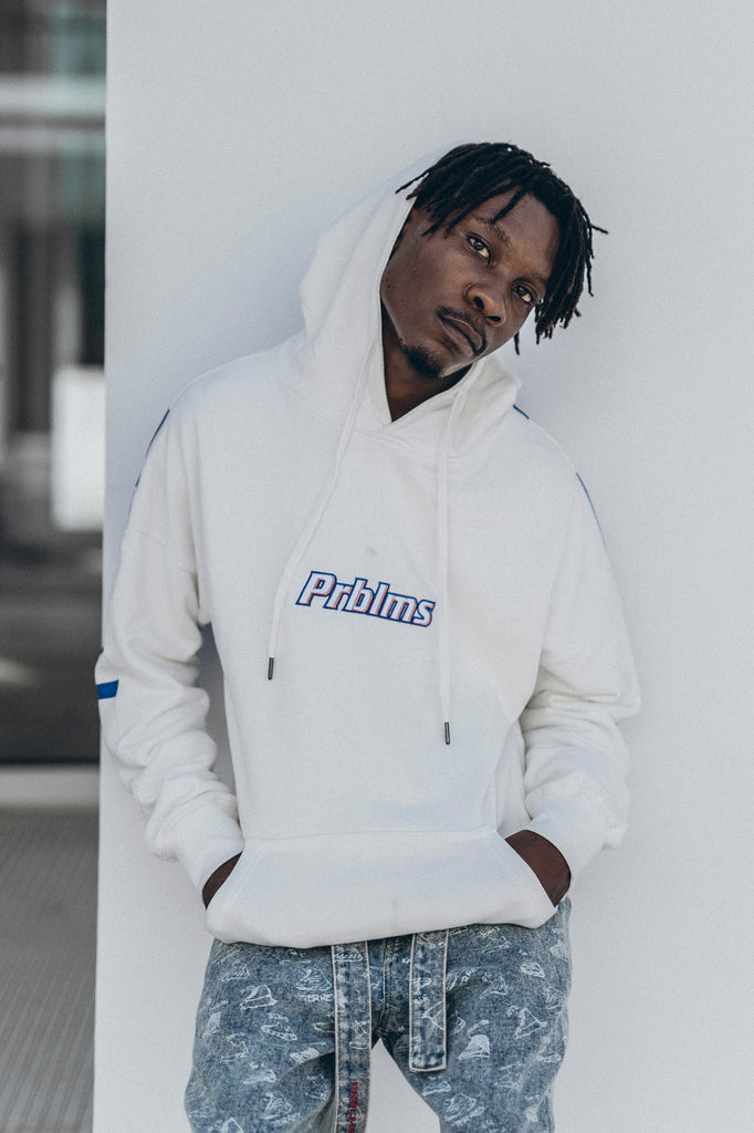 PRBLMS RETRO LOGO PRINT WHITE HOODIE - Baroque Galleria