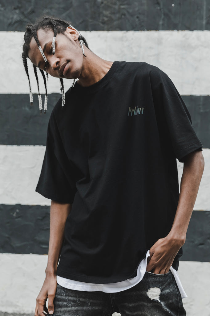 PRBLMS RETRO LOGO REFLECTIVE BLACK T-SHIRT - Baroque Galleria